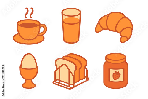 Essential breakfast elements set: coffee cup, orange juice, croissant, egg, toast, and jam