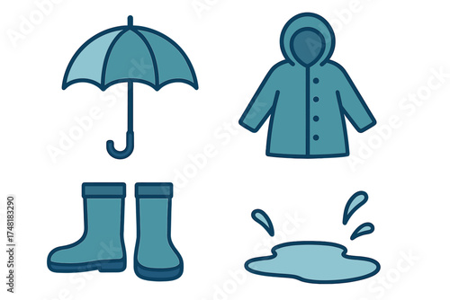 Open umbrella, hooded raincoat, rubber boots, and splashing puddle for rainy weather essentials