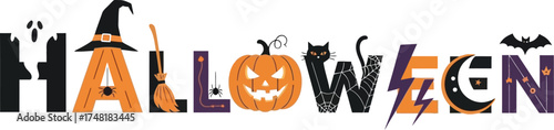 Halloween word with pumpkin, cat, bat, ghost, witch hat isolated on white background