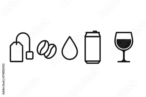 Minimalist line icons of common beverages: tea bag, coffee beans, water drop, soda can, and wine glass
