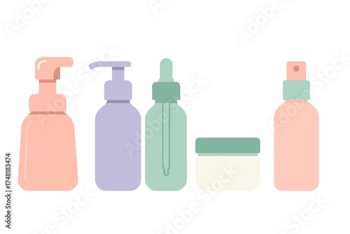 Collection of cosmetic and skincare product bottles and jars in pastel colors on a white background