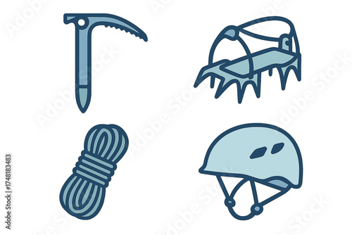 Safety equipment for mountaineering and ice climbing including ice axe, crampons, rope, and helmet