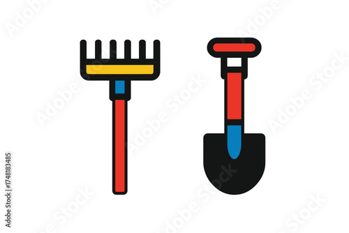 Set of essential gardening tools icons featuring a hand rake and a small shovel