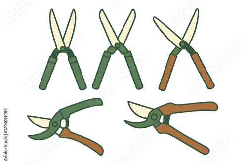 Collection of various gardening tools including hedge shears and hand pruners for yard work and landscaping maintenance