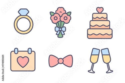 Essential wedding and marriage celebration icons set featuring engagement ring, tiered cake, floral bouquet, and champagne flutes