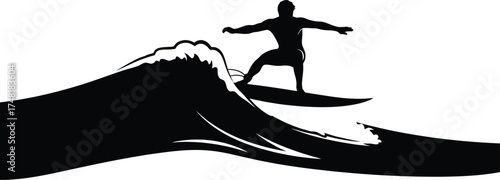 Silhouette of a surfer riding a wave, isolated on white background, capturing the essence of surfing as a thrilling and dynamic water sport