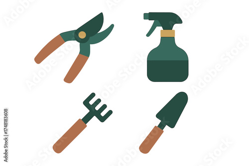 Essential set of gardening equipment including pruning shears, spray bottle, hand trowel, and cultivator rake