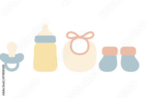 Essential baby care items set including pacifier, feeding bottle, bib, and booties in pastel colors