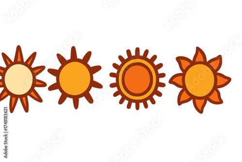 Diverse collection of stylized sun shapes and symbols representing summer heat and weather