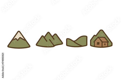 Four simple nature and outdoor elements featuring mountains, hills, and a small cabin house