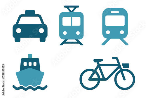 Blue transportation icons featuring taxi, train, tram, ship, and bicycle