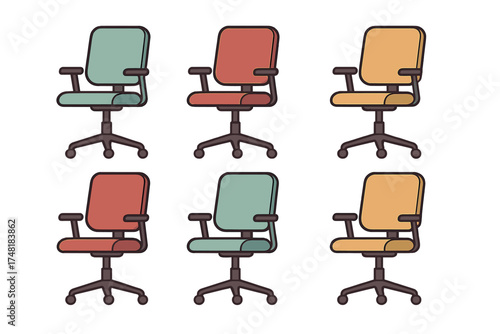 Six modern office swivel chairs with armrests in three different colors arranged in a pattern