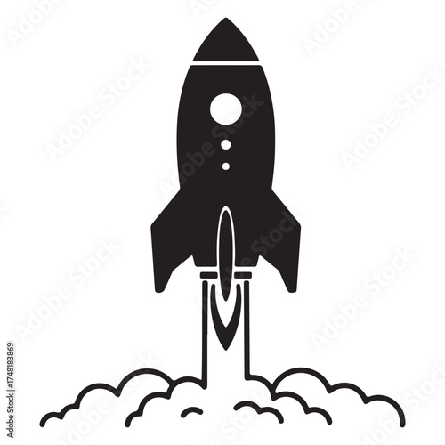 Black and White Rocket Ship Launching with Smoke Trail Illustration for Startup Concepts and Technology Ideas