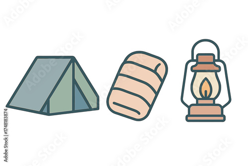 Essential camping equipment featuring a tent, rolled sleeping bag, and vintage oil lantern