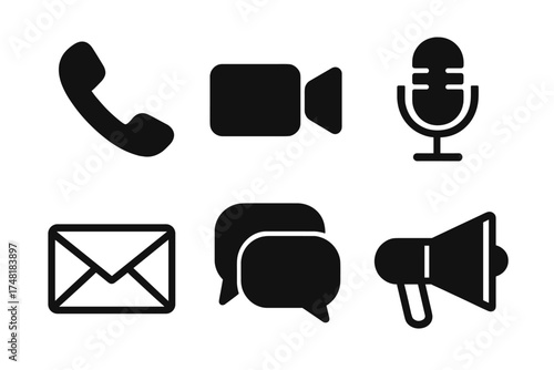 Essential communication icons set including telephone, video camera, microphone, email, chat, and megaphone symbols