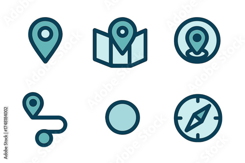 Essential navigation and location icons set featuring map pointers, route tracking, compass, and folded map symbols