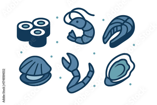 Set of stylized aquatic food symbols featuring salmon, shrimp, sushi, oyster, and shellfish