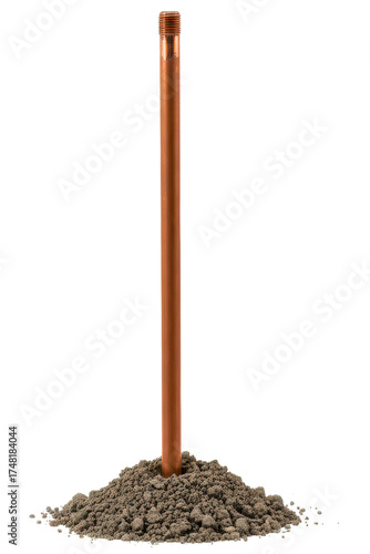 Copper grounding rod was installed in a pile of dirt for safety isolated on a transparent background