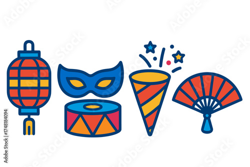 Colorful set of celebration elements: traditional lantern, carnival mask, drum, and party popper