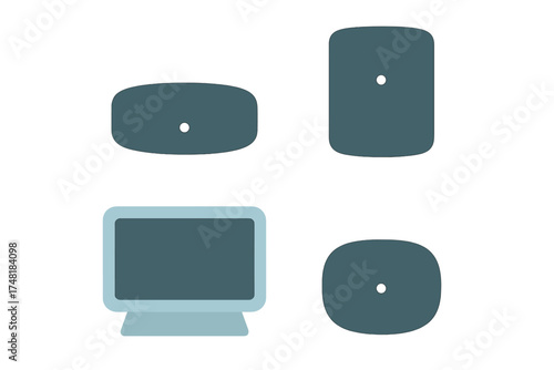 Stylized set of four modern electronic gadgets including smart speakers and a desktop computer screen