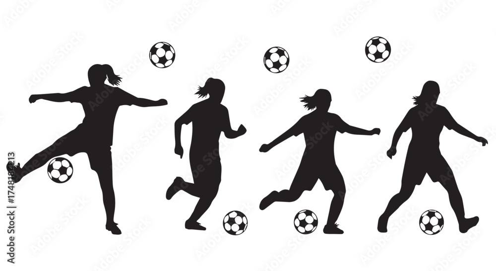 Obraz premium Silhouette of female soccer players in action with soccer balls, isolated on transparent background