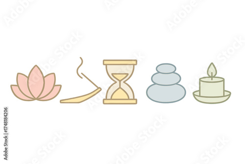 Lotus flower, burning incense, sand timer, zen stones, and lit candle symbols for relaxation and meditation
