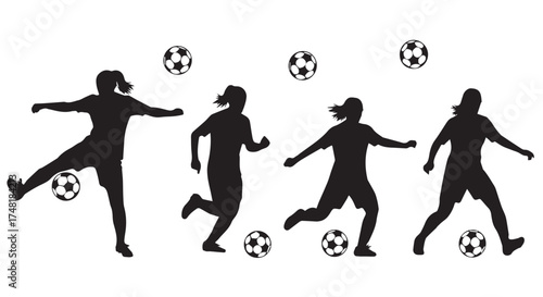 Silhouette of female soccer players in action with soccer balls, isolated on transparent background