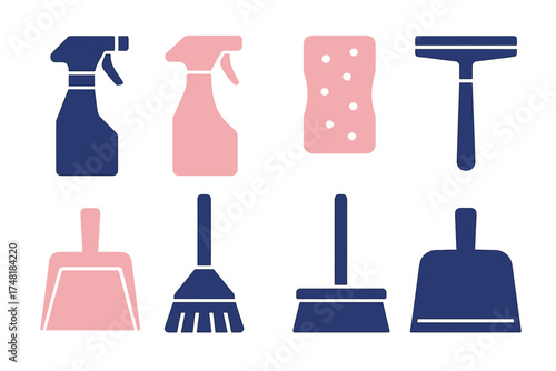 Essential household cleaning supplies and equipment set including spray bottles, brooms, and sponges