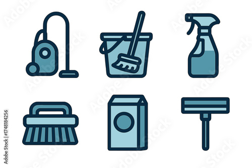 Set of six blue cleaning supplies icons including vacuum cleaner, bucket, brush, and detergent