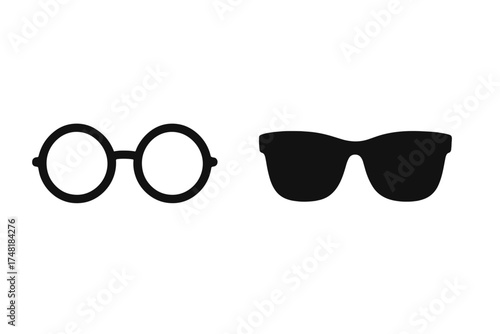 Minimalist set of two eyewear silhouettes: classic round glasses and dark sunglasses