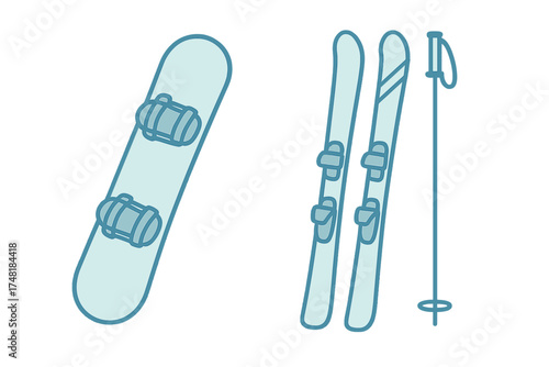 Snowboard, downhill skis, and ski pole representing essential winter sports equipment