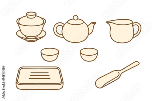 Traditional Asian tea ceremony set with teapot, gaiwan, cups, and serving tray