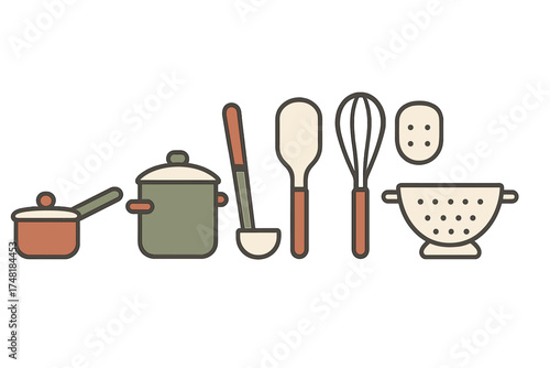 Essential kitchen cooking equipment including saucepan stockpot whisk ladle and strainer