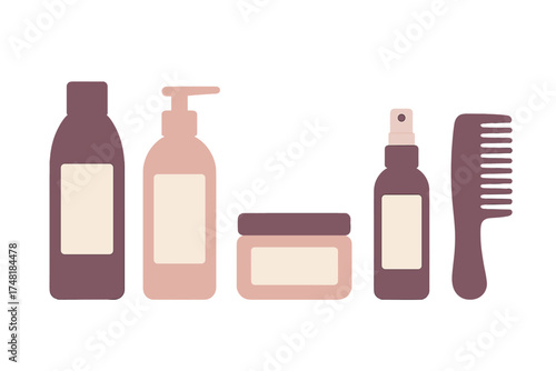 Collection of cosmetic bottles, jar, and comb for hair and skin treatment products