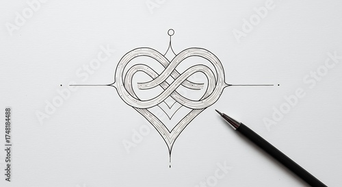 Heart and infinity symbol graphic with pen on white surface