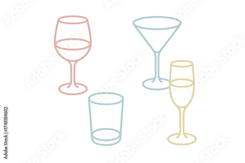 Minimalist various bar and cocktail glasses including wine martini and champagne
