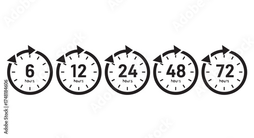 Clock icons indicating time intervals of 6, 12, 24, 48, and 72 hours with circular arrows, isolated on transparent background