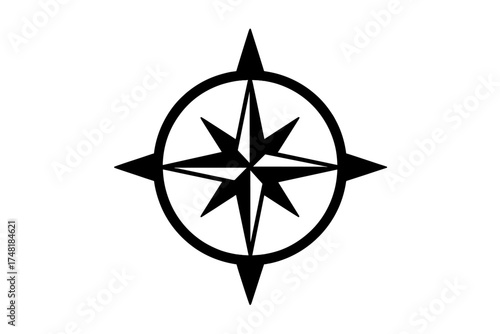 Stylized black compass rose representing navigation and direction on a white background