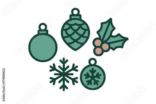 Festive winter holiday symbols including Christmas ornaments, holly, pinecone, and snowflake