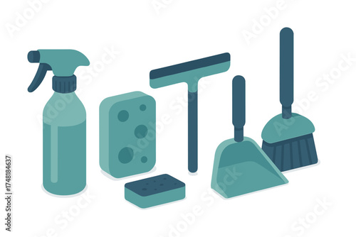 Isometric collection of household cleaning equipment and supplies for hygiene and sanitation