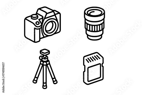 Essential photography equipment set including camera lens tripod and memory card