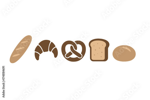 Set of baked goods icons featuring baguette croissant pretzel and sliced bread