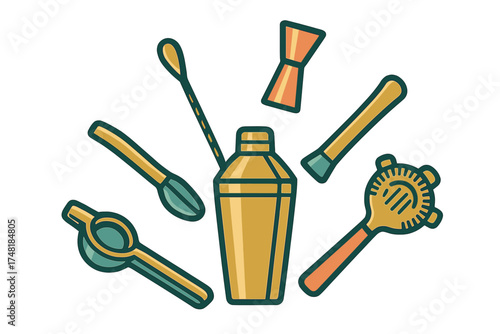 Essential cocktail making equipment set featuring a shaker, strainer, and mixing utensils