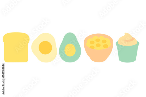 Minimalist set of breakfast foods featuring toast, fried egg, avocado, and creamy yogurt