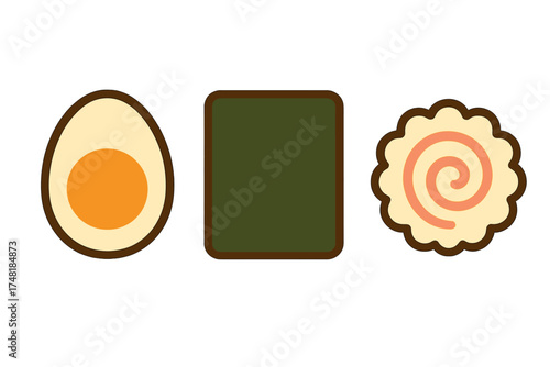 Set of popular Japanese ramen toppings including egg, nori, and narutomaki fish cake