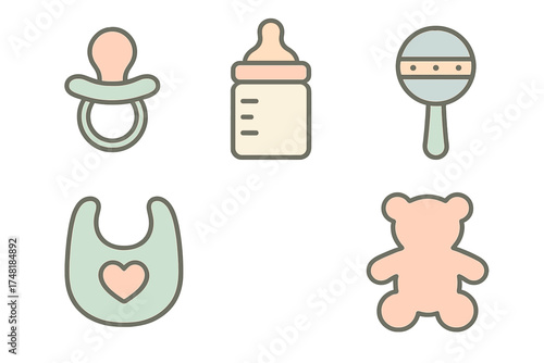 Cute pastel baby essentials set: pacifier, bottle, rattle, bib, teddy bear toy
