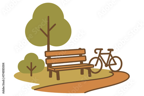 Stylized park landscape with wooden bench, bicycle, and trees along a winding dirt road