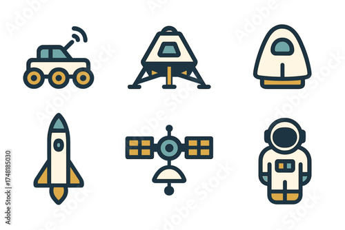 Set of space exploration elements including lunar rover, landing module, spacecraft, rocket, satellite, and astronaut suit