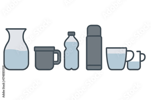 Diverse collection of water containers and drinking vessels for hydration