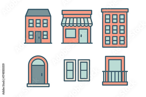 Flat design city buildings, apartment blocks, storefronts, doors, and architectural elements